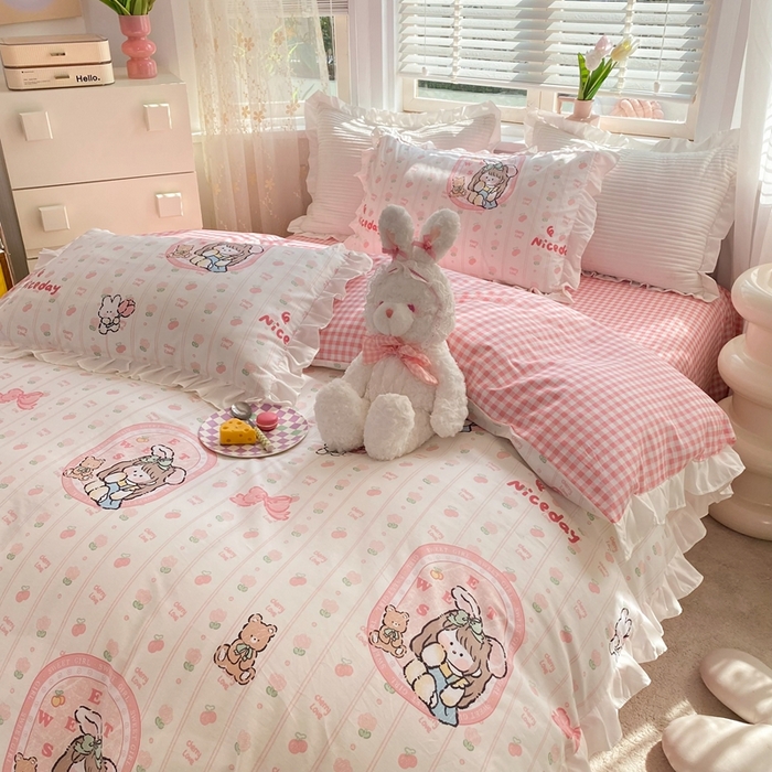 91家纺网 家纺一手货源 找家纺 玉元坊 2025春夏新款公主风全棉纯棉花边被套床单四件套 公主兔