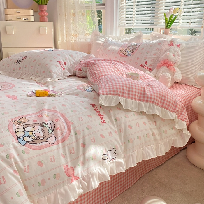 91家纺网 家纺一手货源 找家纺 玉元坊 2025春夏新款公主风全棉纯棉花边被套床单四件套 公主兔