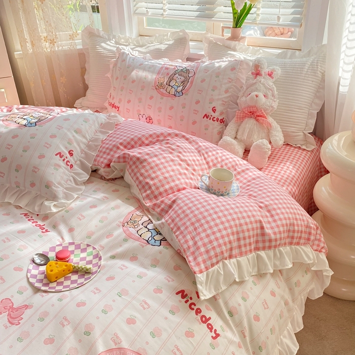 91家纺网 家纺一手货源 找家纺 玉元坊 2025春夏新款公主风全棉纯棉花边被套床单四件套 公主兔