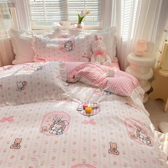 91家纺网 家纺一手货源 找家纺 玉元坊 2025春夏新款公主风全棉纯棉花边被套床单四件套 公主兔