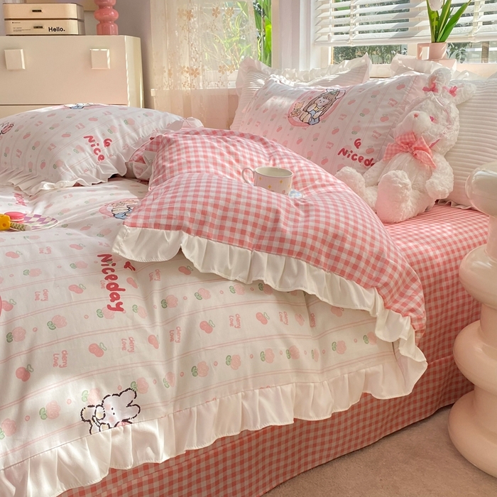 91家纺网 家纺一手货源 找家纺 玉元坊 2025春夏新款公主风全棉纯棉花边被套床单四件套 公主兔