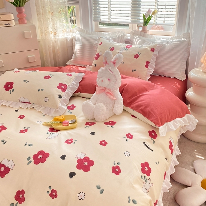 91家纺网 家纺一手货源 找家纺 玉元坊 2025春夏新款公主风全棉纯棉花边被套床单四件套 红花兔