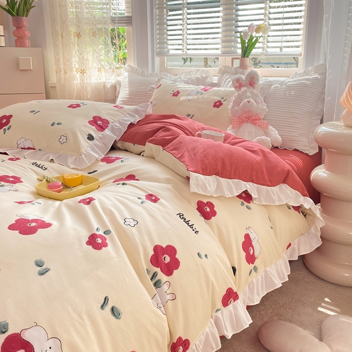 91家纺网 家纺一手货源 找家纺 玉元坊 2025春夏新款公主风全棉纯棉花边被套床单四件套 红花兔