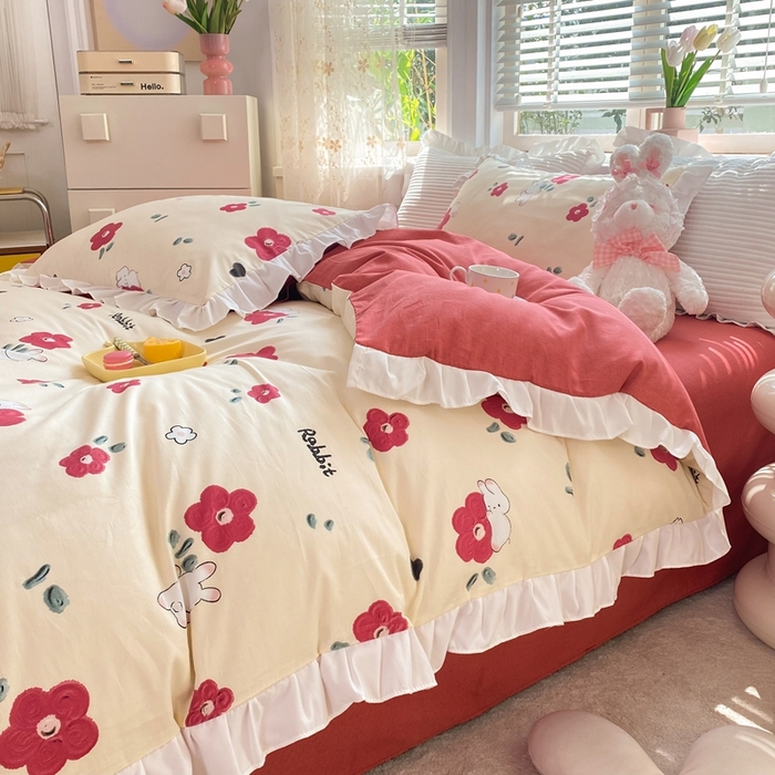 91家纺网 家纺一手货源 找家纺 玉元坊 2025春夏新款公主风全棉纯棉花边被套床单四件套 红花兔