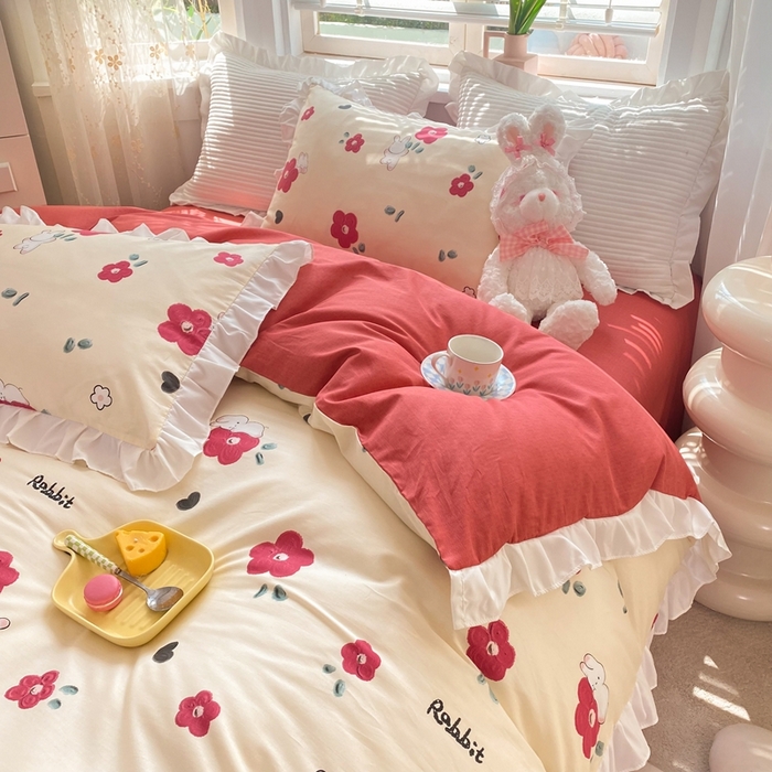 91家纺网 家纺一手货源 找家纺 玉元坊 2025春夏新款公主风全棉纯棉花边被套床单四件套 红花兔