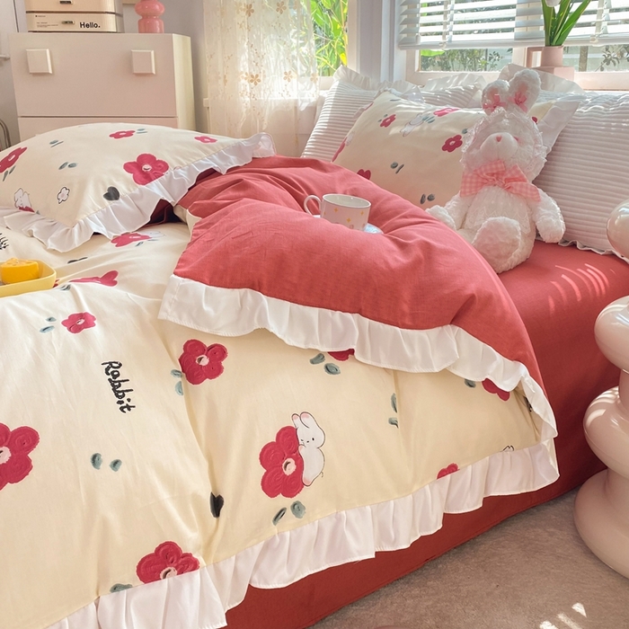 91家纺网 家纺一手货源 找家纺 玉元坊 2025春夏新款公主风全棉纯棉花边被套床单四件套 红花兔