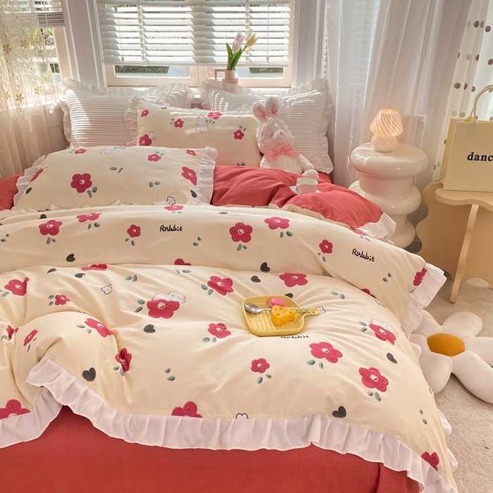 91家纺网 家纺一手货源 找家纺 玉元坊 2025春夏新款公主风全棉纯棉花边被套床单四件套 红花兔