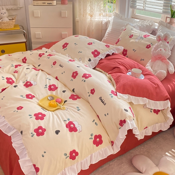 91家纺网 家纺一手货源 找家纺 玉元坊 2025春夏新款公主风全棉纯棉花边被套床单四件套 红花兔
