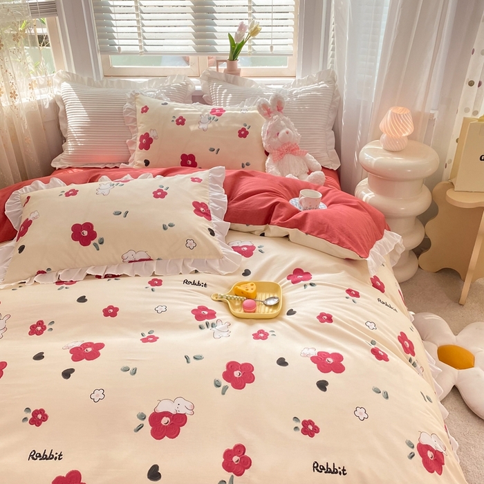 91家纺网 家纺一手货源 找家纺 玉元坊 2025春夏新款公主风全棉纯棉花边被套床单四件套 红花兔