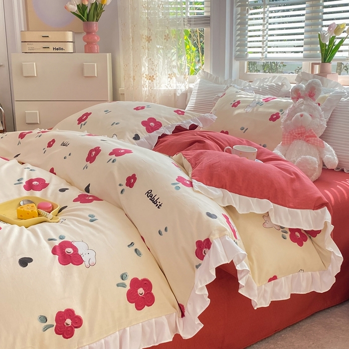 91家纺网 家纺一手货源 找家纺 玉元坊 2025春夏新款公主风全棉纯棉花边被套床单四件套 红花兔