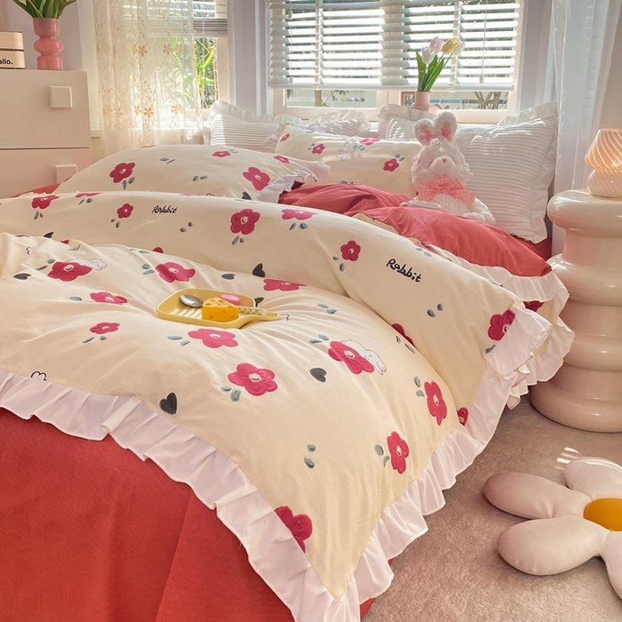 91家纺网 家纺一手货源 找家纺 玉元坊 2025春夏新款公主风全棉纯棉花边被套床单四件套 红花兔