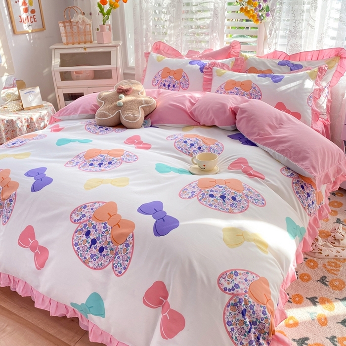 91家纺网 家纺一手货源 找家纺 玉元坊 2025春夏新款公主风全棉纯棉花边被套床单四件套 蝴蝶结