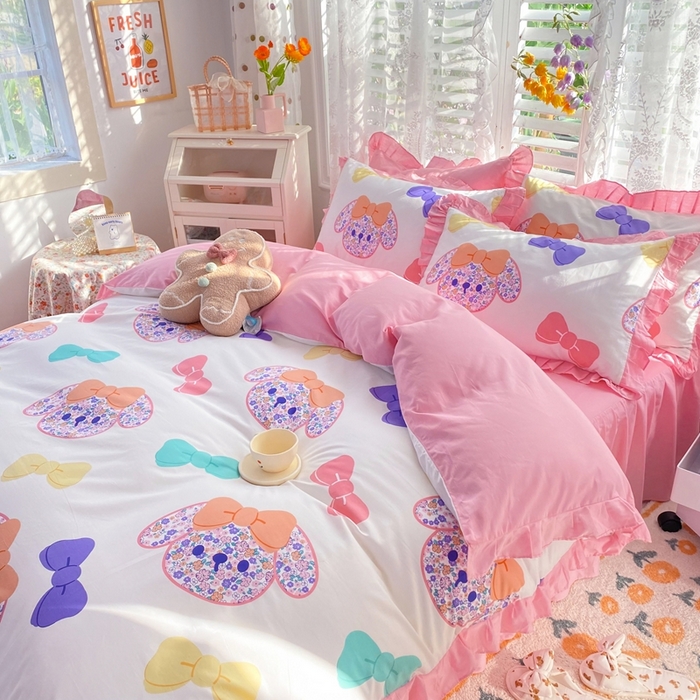 91家纺网 家纺一手货源 找家纺 玉元坊 2025春夏新款公主风全棉纯棉花边被套床单四件套 蝴蝶结