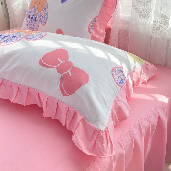 91家纺网 家纺一手货源 找家纺 玉元坊 2025春夏新款公主风全棉纯棉花边被套床单四件套 蝴蝶结