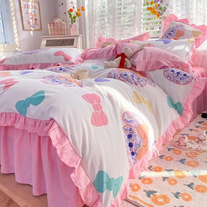 91家纺网 家纺一手货源 找家纺 玉元坊 2025春夏新款公主风全棉纯棉花边被套床单四件套 蝴蝶结