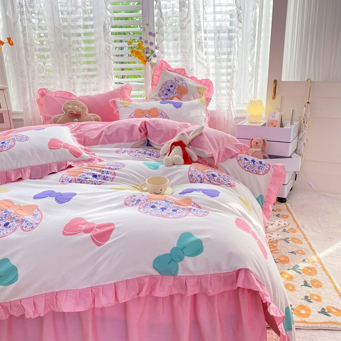 91家纺网 家纺一手货源 找家纺 玉元坊 2025春夏新款公主风全棉纯棉花边被套床单四件套 蝴蝶结
