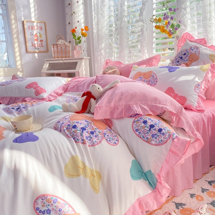 91家纺网 家纺一手货源 找家纺 玉元坊 2025春夏新款公主风全棉纯棉花边被套床单四件套 蝴蝶结