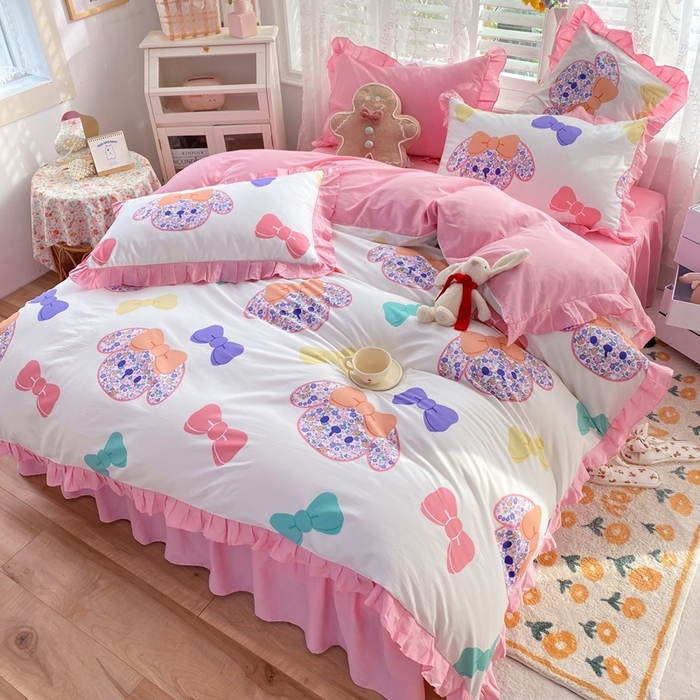 91家纺网 家纺一手货源 找家纺 玉元坊 2025春夏新款公主风全棉纯棉花边被套床单四件套 蝴蝶结