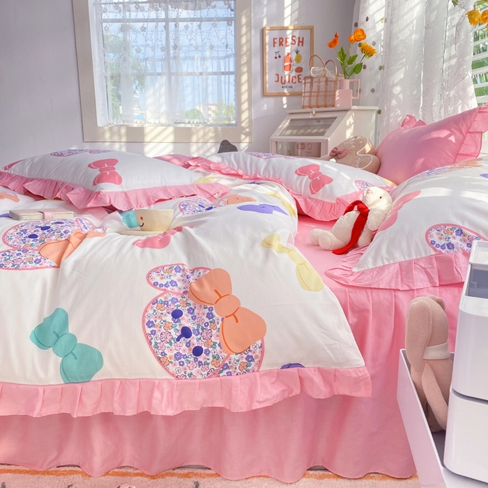 91家纺网 家纺一手货源 找家纺 玉元坊 2025春夏新款公主风全棉纯棉花边被套床单四件套 蝴蝶结