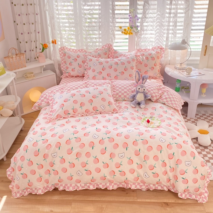 玉元坊 2025春夏新款公主风全棉纯棉花边被套床单四件套 桔子熊