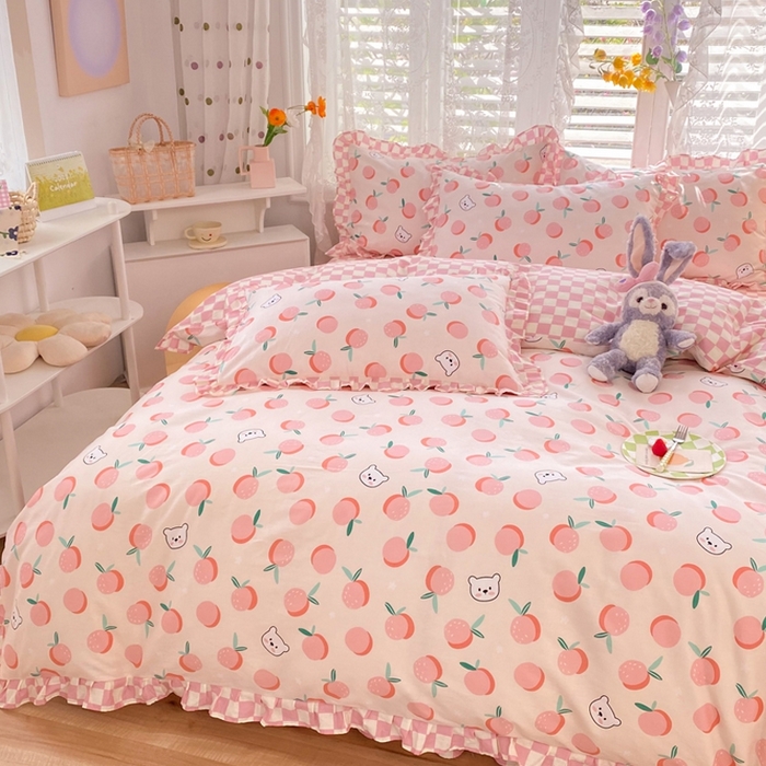 91家纺网 家纺一手货源 找家纺 玉元坊 2025春夏新款公主风全棉纯棉花边被套床单四件套 桔子熊