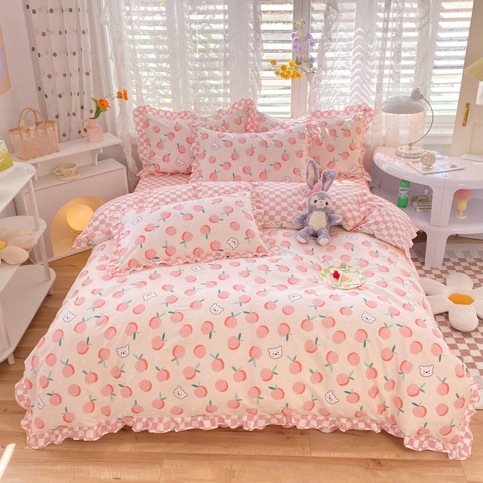 91家纺网 家纺一手货源 找家纺 玉元坊 2025春夏新款公主风全棉纯棉花边被套床单四件套 桔子熊