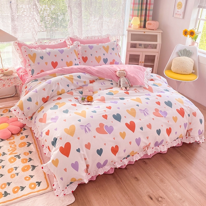 91家纺网 家纺一手货源 找家纺 玉元坊 2025春夏新款公主风全棉纯棉花边被套床单四件套 满心喜悦