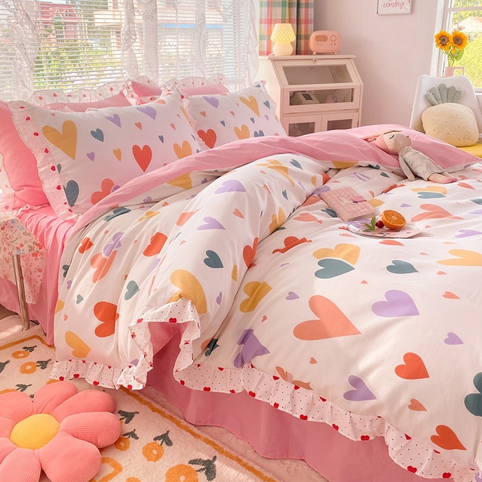 91家纺网 家纺一手货源 找家纺 玉元坊 2025春夏新款公主风全棉纯棉花边被套床单四件套 满心喜悦