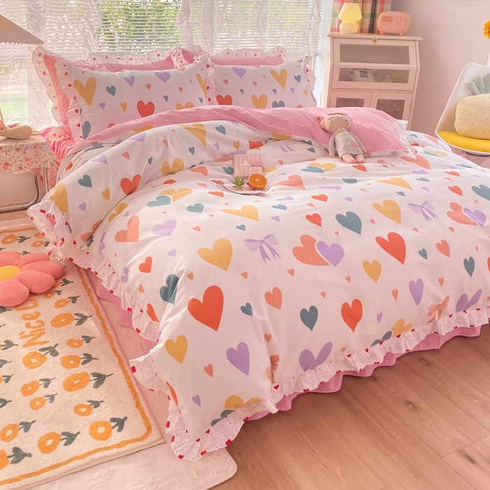 91家纺网 家纺一手货源 找家纺 玉元坊 2025春夏新款公主风全棉纯棉花边被套床单四件套 满心喜悦