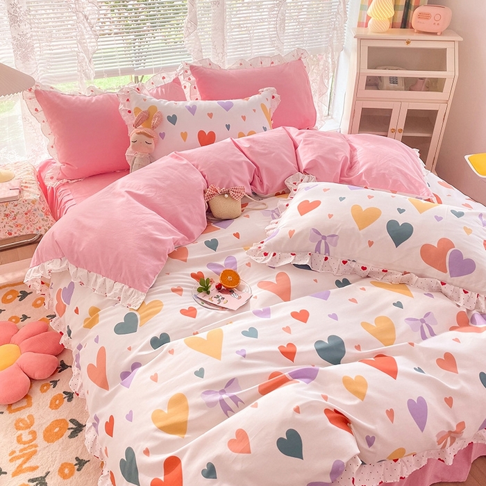 91家纺网 家纺一手货源 找家纺 玉元坊 2025春夏新款公主风全棉纯棉花边被套床单四件套 满心喜悦