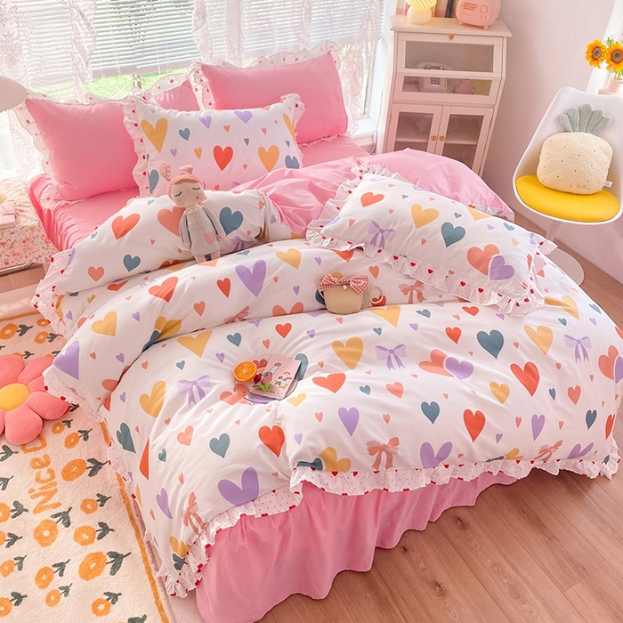 91家纺网 家纺一手货源 找家纺 玉元坊 2025春夏新款公主风全棉纯棉花边被套床单四件套 满心喜悦