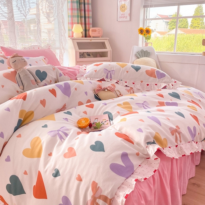 91家纺网 家纺一手货源 找家纺 玉元坊 2025春夏新款公主风全棉纯棉花边被套床单四件套 满心喜悦