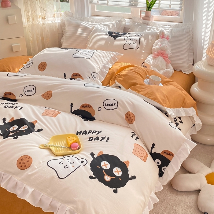 91家纺网 家纺一手货源 找家纺 玉元坊 2025春夏新款公主风全棉纯棉花边被套床单四件套 煤球