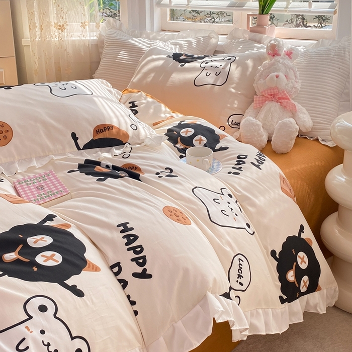 91家纺网 家纺一手货源 找家纺 玉元坊 2025春夏新款公主风全棉纯棉花边被套床单四件套 煤球