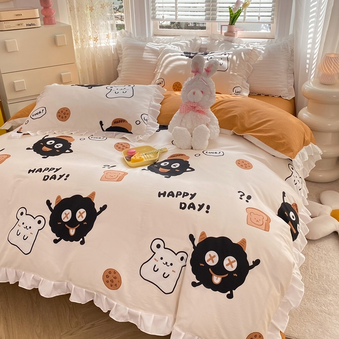 91家纺网 家纺一手货源 找家纺 玉元坊 2025春夏新款公主风全棉纯棉花边被套床单四件套 煤球