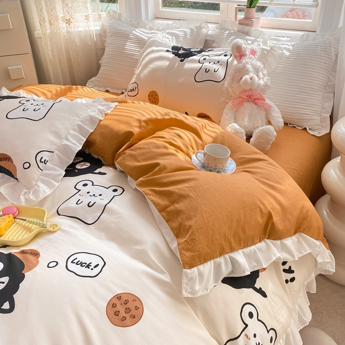 91家纺网 家纺一手货源 找家纺 玉元坊 2025春夏新款公主风全棉纯棉花边被套床单四件套 煤球