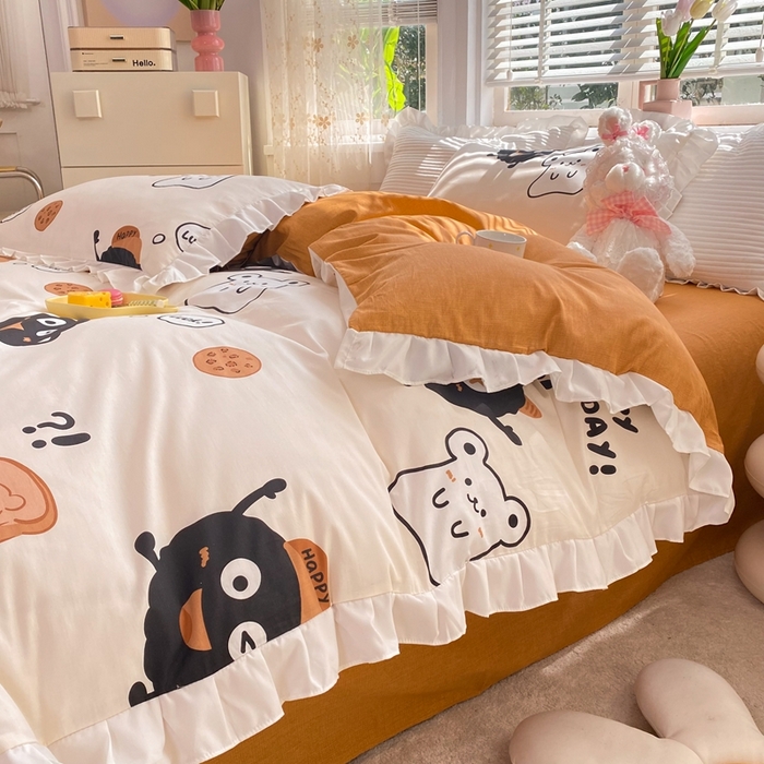 91家纺网 家纺一手货源 找家纺 玉元坊 2025春夏新款公主风全棉纯棉花边被套床单四件套 煤球