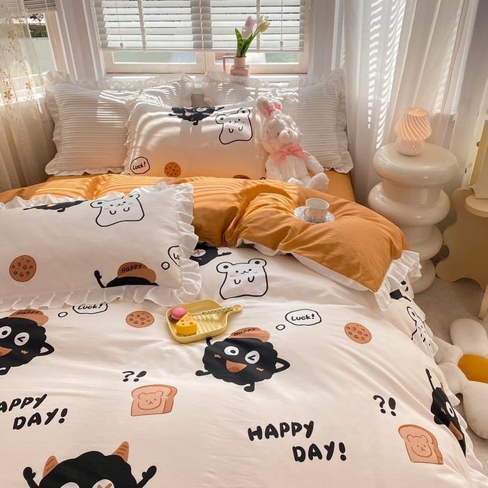 91家纺网 家纺一手货源 找家纺 玉元坊 2025春夏新款公主风全棉纯棉花边被套床单四件套 煤球