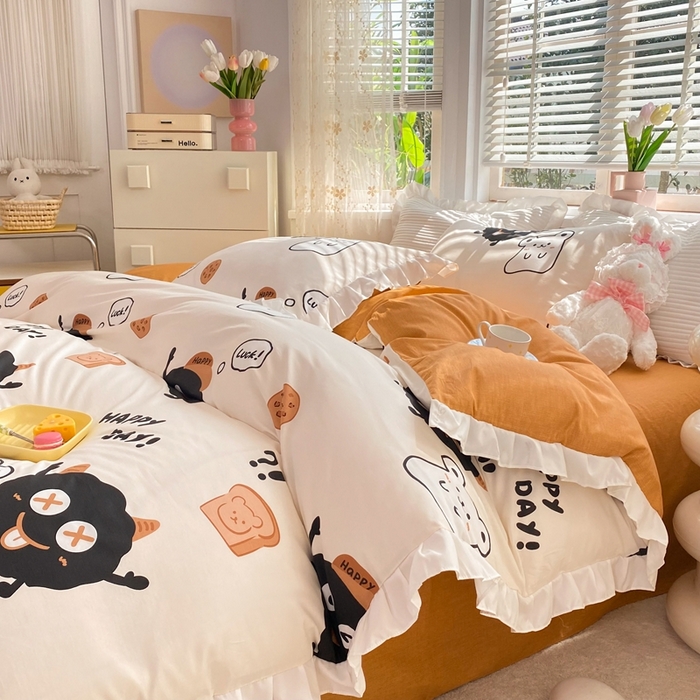 91家纺网 家纺一手货源 找家纺 玉元坊 2025春夏新款公主风全棉纯棉花边被套床单四件套 煤球