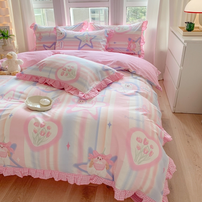 91家纺网 家纺一手货源 找家纺 玉元坊 2025春夏新款公主风全棉纯棉花边被套床单四件套 奶油小狗