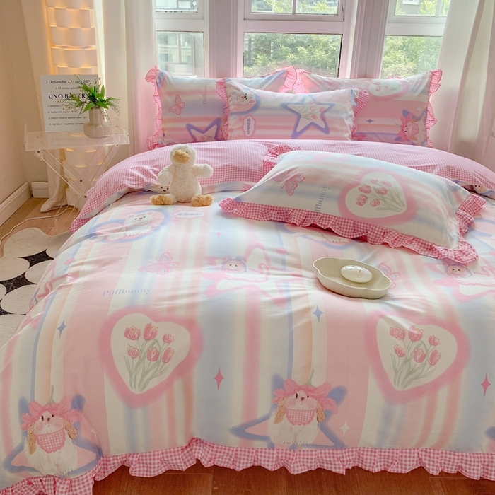 91家纺网 家纺一手货源 找家纺 玉元坊 2025春夏新款公主风全棉纯棉花边被套床单四件套 奶油小狗