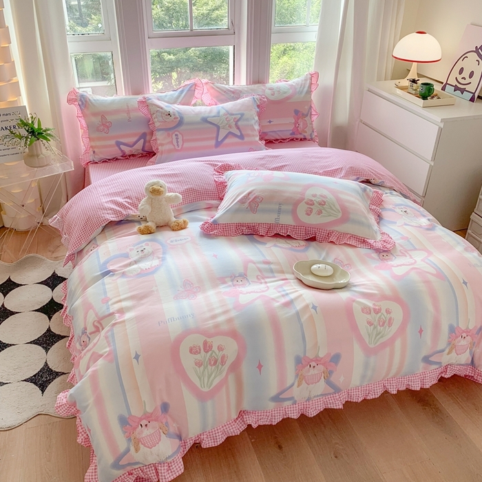 91家纺网 家纺一手货源 找家纺 玉元坊 2025春夏新款公主风全棉纯棉花边被套床单四件套 奶油小狗