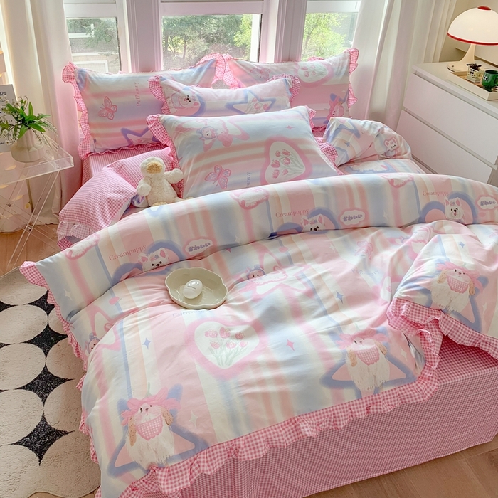 91家纺网 家纺一手货源 找家纺 玉元坊 2025春夏新款公主风全棉纯棉花边被套床单四件套 奶油小狗