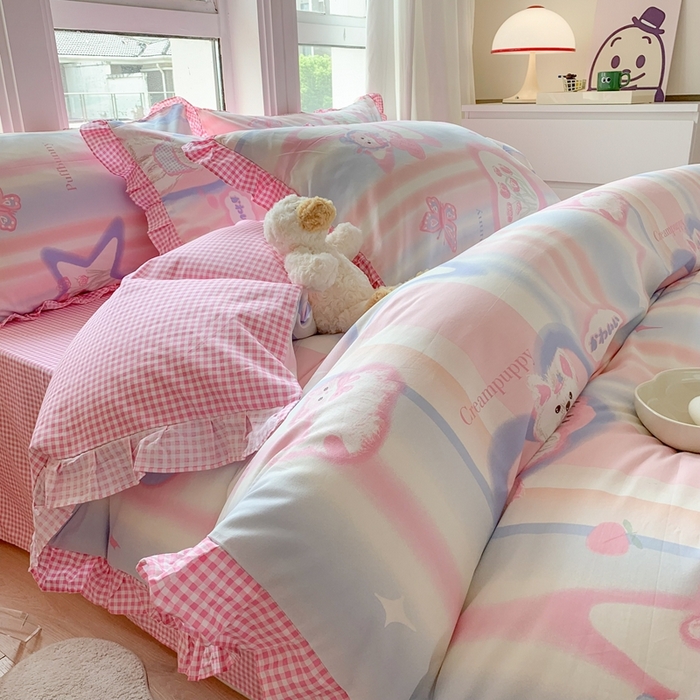 91家纺网 家纺一手货源 找家纺 玉元坊 2025春夏新款公主风全棉纯棉花边被套床单四件套 奶油小狗