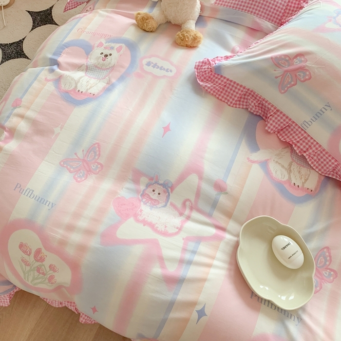 91家纺网 家纺一手货源 找家纺 玉元坊 2025春夏新款公主风全棉纯棉花边被套床单四件套 奶油小狗