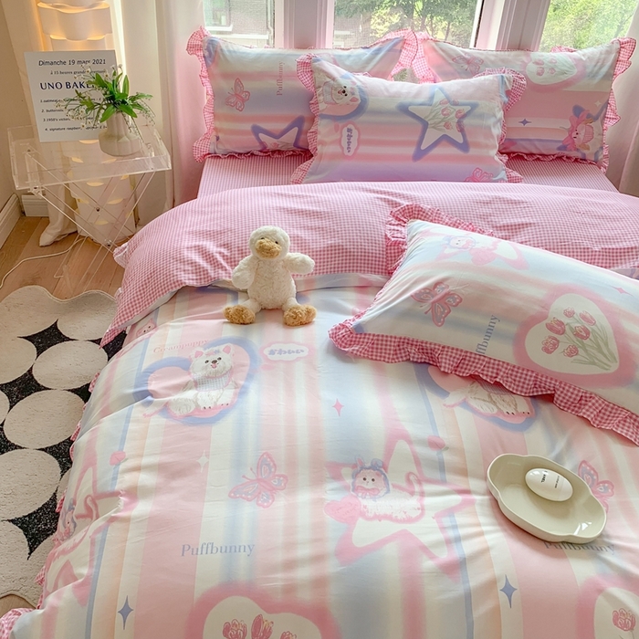 91家纺网 家纺一手货源 找家纺 玉元坊 2025春夏新款公主风全棉纯棉花边被套床单四件套 奶油小狗