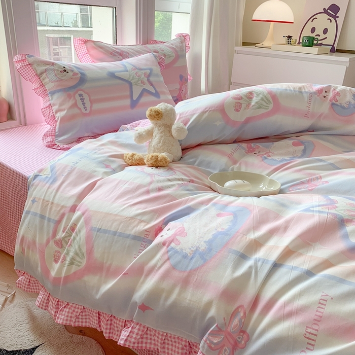 91家纺网 家纺一手货源 找家纺 玉元坊 2025春夏新款公主风全棉纯棉花边被套床单四件套 奶油小狗