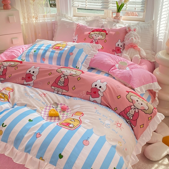 91家纺网 家纺一手货源 找家纺 玉元坊 2025春夏新款公主风全棉纯棉花边被套床单四件套 漂流瓶