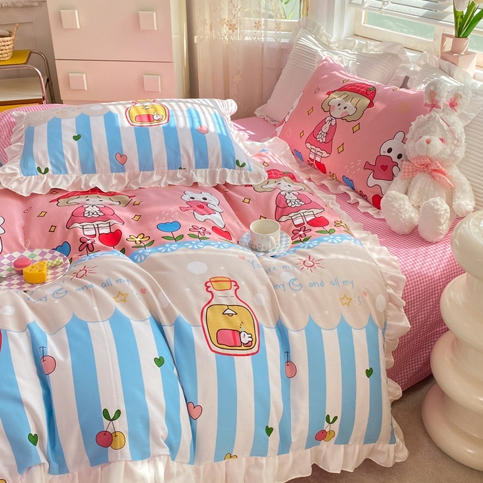 91家纺网 家纺一手货源 找家纺 玉元坊 2025春夏新款公主风全棉纯棉花边被套床单四件套 漂流瓶