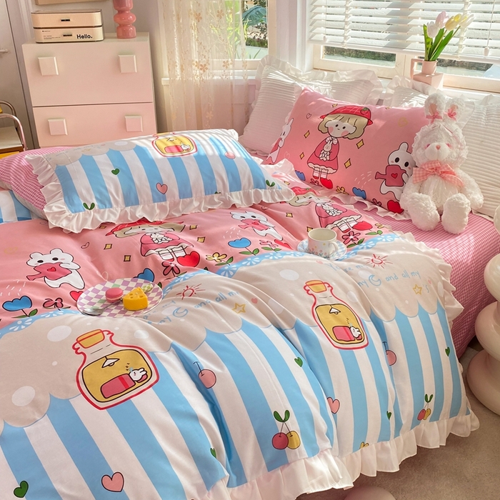 91家纺网 家纺一手货源 找家纺 玉元坊 2025春夏新款公主风全棉纯棉花边被套床单四件套 漂流瓶